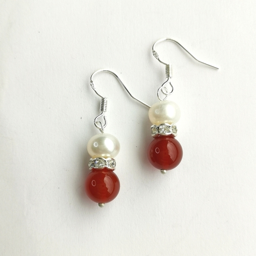 White Freshwater Pearl Carnelian dangle drop earrings sterling silver 🆕